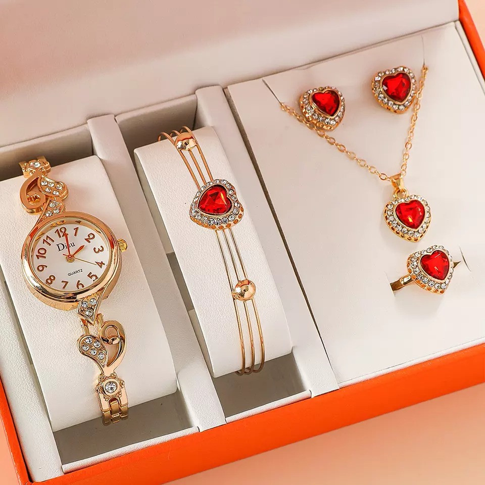 Set Ceas Dama Elegant auriu cu inimioare, pietre semipretioase rosii si cu set bijuterii cadou: cercei + colier + bratara + inel + cutie QUARTZ CDQZ122 image 0